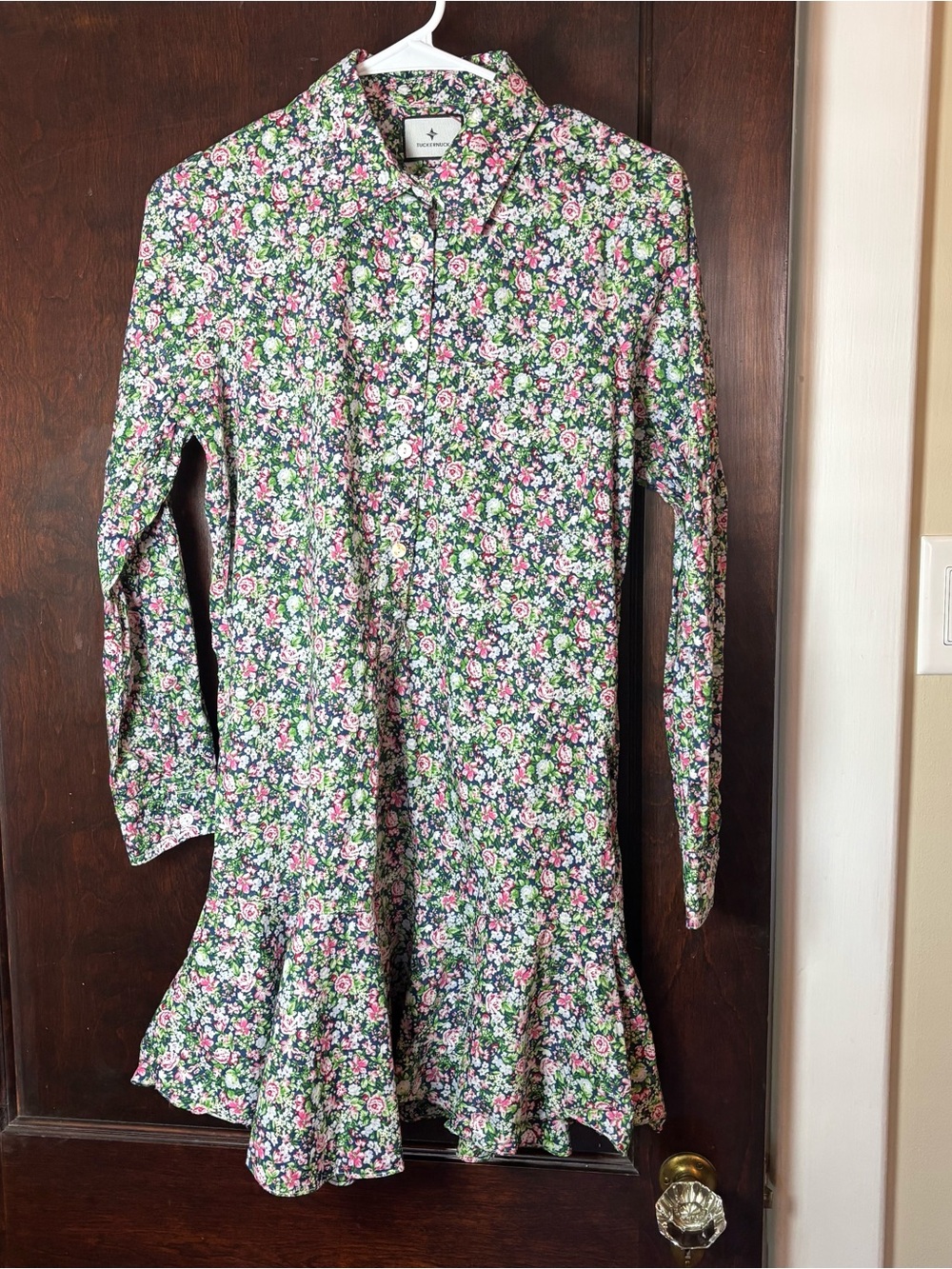 Tuckernuck Dress XS Floral Long Sleeve Popover Shirt Dress Navy Roses Cotton